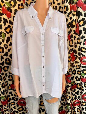 Notations Woman White Button Front Blouse 2X Roll Tab Sleeve Career Office NWT